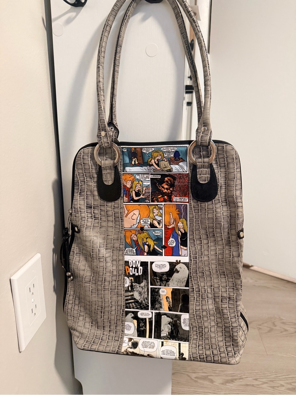Gray Croc-Texture Tote with Comic Panel Accent